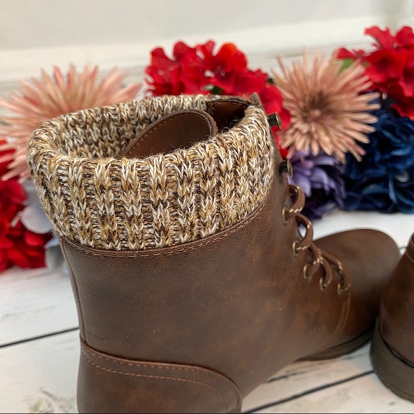 Brown Sweater Cuff Lace Up Ankle Boot - Picture 10 of 15